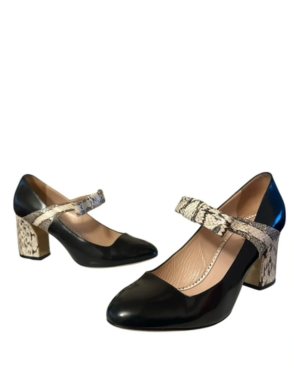 GUCCI Nimue Black Snakeskin Bow Leather Mary Jane Block Heel Pumps 38